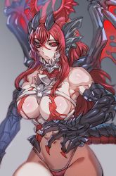 Rule 34 | 1girl, black sclera, bow (bhp), breasts, claws, closed mouth, colored sclera, cowboy shot, fingernails, glowing, glowing eyes, highleg, highleg panties, horns, large breasts, long hair, looking at viewer, monster girl, muscular, muscular female, navel, original, panties, red eyes, red hair, sharp fingernails, solo, underwear, wings