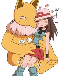 Rule 34 | 1boy, 1girl, absurdres, arm around shoulder, arm up, bare shoulders, black eyes, blue shirt, blue socks, blush, breasts, brown eyes, brown hair, creatures (company), flower, full body, furry, game freak, gen 1 pokemon, green (pokemon), half-closed eyes, hat, heart, heart-shaped pupils, hetero, highres, hypno, hypnosis, interspecies, japanese text, kneehighs, knees together feet apart, long hair, looking at another, matching hair/eyes, medium breasts, mind control, miniskirt, nintendo, on lap, open mouth, pink flower, pleated skirt, pokemon, pokemon (creature), pokemon frlg, pokephilia, red skirt, semi kon, shirt, simple background, sitting, skirt, sleeveless, sleeveless shirt, socks, speech bubble, spoken heart, sweat, sweatband, symbol-shaped pupils, translation request, white background, white headwear