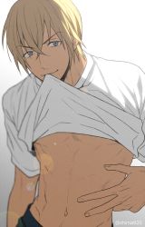 Rule 34 | 1boy, amuro tooru, blonde hair, blue eyes, casual, clothes in mouth, clothes lift, dark-skinned male, dark skin, gradient background, hair between eyes, lens flare, lifting own clothes, looking at viewer, male focus, mashima shima, meitantei conan, mouth hold, navel, pectorals, shirt, shirt in mouth, shirt lift, simple background, smile, solo, toned, toned male, twitter username, upper body, w, white shirt