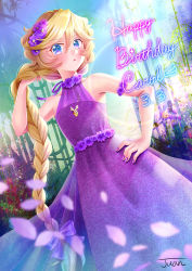 Rule 34 | 1girl, absurdres, blonde hair, blurry, blurry foreground, bow, braid, braided ponytail, carol malus dienheim, character name, collarbone, dress, floating hair, flower, hair bow, hair flower, hair ornament, hand in own hair, hand on own hip, happy birthday, highres, juan 0121, long dress, long hair, mole, mole under eye, nail polish, petals, ponytail, purple dress, purple flower, purple nails, purple ribbon, ribbon, senki zesshou symphogear, signature, sleeveless, sleeveless dress, solo, standing, triangle mouth, very long hair, white bow