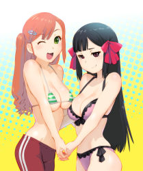 Rule 34 | 2girls, ;d, bikini, bikini top only, black hair, bow, breasts, brown hair, cleavage, fictional persona, green eyes, hair bow, hair ornament, hairclip, holding hands, large breasts, long hair, multiple girls, one eye closed, open mouth, original, pants, purple eyes, smile, swimsuit, track pants, ueyama michirou, wink
