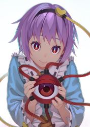 Rule 34 | 1girl, backlighting, blue shirt, bright pupils, eyebrows, eyelashes, fingernails, frilled shirt collar, frills, go robots, hair ornament, hairband, heart, heart hair ornament, holding, komeiji satori, looking at viewer, purple hair, red eyes, ribbon-trimmed collar, ribbon trim, shirt, short hair, simple background, smile, solo, third eye, touhou, upper body, white background, white pupils, wide sleeves
