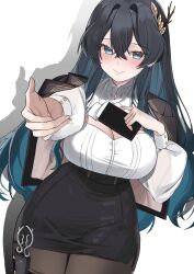 Rule 34 | 1girl, absurdres, artist request, black hair, black jacket, black skirt, blue eyes, blue hair, blush, breasts, chuma mang, chumate, cleavage, cleavage cutout, clothing cutout, colored inner hair, crossed bangs, hair between eyes, hair ornament, high-waist skirt, highres, holding, holding phone, jacket, large breasts, long hair, long sleeves, multicolored hair, open clothes, open jacket, pantyhose, phone, reaching, reaching towards viewer, second-party source, shadow, shirt, skirt, smile, solo, virtual youtuber, white shirt