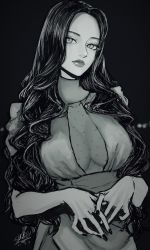 Rule 34 | 1girl, artist name, black background, black hair, breasts, character request, cleavage, commentary, copyright request, dated, dress, eyelashes, greyscale, highres, large breasts, long hair, looking at viewer, monochrome, sherumaru (korcht06), signature, simple background, sketch, solo, standing, symbol-only commentary