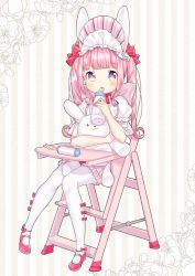 Rule 34 | 1girl, :3, :o, animal ears, baby bottle, bib, blush, bottle, bow, chair, commentary, flower, full body, hair bow, high chair, holding, holding bottle, looking at viewer, mary janes, hugging object, open mouth, original, pantyhose, pink bow, pink footwear, pink hair, pink skirt, puffy short sleeves, puffy sleeves, purple eyes, rabbit ears, rattle, red bow, shirt, shoes, short sleeves, sitting, skirt, solo, striped, striped background, stuffed animal, stuffed rabbit, stuffed toy, suzuki moeko, tareme, twintails, vertical stripes, white pantyhose, white shirt