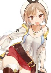 Rule 34 | 1girl, atelier (series), atelier ryza, atelier ryza 1, belt, blush, breasts, brown eyes, brown hair, dated, hair ornament, hairclip, hat, highres, jewelry, looking at viewer, navel, necklace, open mouth, red shorts, reisalin stout, short shorts, shorts, signature, simple background, solo, teeth, thighhighs, thighs, umino hotate, upper teeth only, white background, white hat