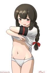 Rule 34 | 1girl, black hair, black sailor collar, braid, brown eyes, clothes lift, dated, groin, hair between eyes, isonami (kancolle), isonami kai ni (kancolle), kantai collection, lifting own clothes, long hair, low twintails, navel, one-hour drawing challenge, panties, ray.s, sailor collar, school uniform, serafuku, shirt lift, sidelocks, simple background, solo, twin braids, twintails, twitter username, underwear, undressing, white background, white panties