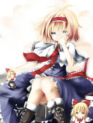 Rule 34 | 1girl, alice margatroid, blonde hair, blue eyes, boots, capelet, cross-laced footwear, doll, dress, female focus, hair ribbon, hairband, highres, jewelry, lace-up boots, ribbon, ring, sash, sitting, solo, string, thread, touhou, umagenzin