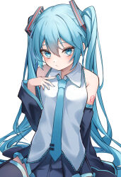 Rule 34 | 1girl, absurdres, blue eyes, blue hair, blush, detached sleeves, expressionless, hand on own chest, hatsune miku, highres, long hair, long sleeves, looking at viewer, nail polish, necktie, pleated skirt, ryaru ryaru, shirt, sitting, skirt, sleeveless, sleeveless shirt, solo, thighhighs, twintails, very long hair, vocaloid, zettai ryouiki