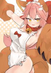 Rule 34 | 1girl, absurdres, animal ear fluff, animal ears, animal hands, apron, bare shoulders, bell, blush, bow, breasts, cat hair ornament, cleavage, collar, fate/extra, fate/grand order, fate (series), fox ears, fox girl, fox tail, frills, gloves, hair between eyes, hair bow, hair ornament, highres, jingle bell, large breasts, long hair, looking at viewer, naked apron, neck bell, open mouth, paw gloves, pink hair, ponytail, red bow, rottenweiler, sideboob, sidelocks, smile, solo, tail, tamamo (fate), tamamo cat (fate), thighhighs, thighs, white apron, white thighhighs, yellow eyes