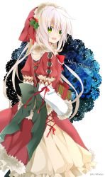 Rule 34 | 1girl, :d, bad id, bad pixiv id, box, carrying, christmas, gift, gift box, green eyes, hat, highres, long hair, looking at viewer, merry christmas, nana kusun, open mouth, original, silver hair, smile, solo