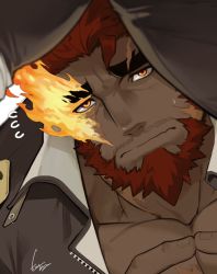 Rule 34 | 1boy, bara, beard, close-up, facial hair, flustered, gomtang, hephaestus (housamo), jacket, large pectorals, looking at viewer, looking up, male focus, muscular, mustache, open clothes, open jacket, pectorals, red hair, scar, simple background, solo, thick eyebrows, tokyo houkago summoners, upper body, worried, yellow eyes