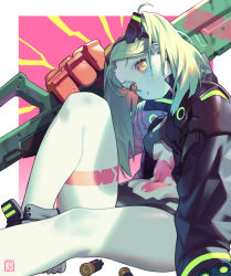 Rule 34 | 1girl, artificial eye, artist logo, black bra, black footwear, black panties, bra, breasts, colored sclera, cyberpunk (series), cyberpunk edgerunners, dated, fewer digits, green hair, highres, holding, holding weapon, huge weapon, jacket, leg tattoo, looking at viewer, mechanical eye, mechanical hands, open clothes, open jacket, oversized forearms, oversized limbs, panties, petite, poch4n, rebecca (cyberpunk), red pupils, red sclera, samurai jacket (cyberpunk), shell casing, shoes, sitting, small breasts, solo, stomach tattoo, tattoo, twintails, underwear, weapon, yellow eyes