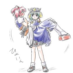 Rule 34 | 2girls, blue eyes, blush, carrying, clog sandals, female focus, full body, green hair, hat, multiple girls, okobo, onozuka komachi, princess carry, red eyes, red hair, sandals, shiki eiki, short hair, simple background, standing, supon, tabi, touhou, twintails, two side up, white background