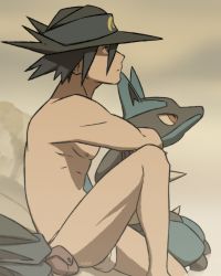 Rule 34 | 1boy, absurdres, alolan boy, artist name, bad id, bad twitter id, black hair, closed mouth, clothes, commentary, creatures (company), english commentary, fog, game freak, gen 4 pokemon, hat, highres, looking up, lucario, male focus, nintendo, nipples, pokemon, pokemon: lucario and the mystery of mew, pokemon (anime), pokemon (creature), pokemon rse (anime), pouch, sir aaron, sitting, spiked hair, topless male, watermark