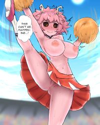 Rule 34 | 1girl, anus, armpits, ashido mina, blush, boku no hero academia, bouncing breasts, breasts, cheerleader, cleft of venus, colored skin, english text, high kick, highres, iegami, kicking, large breasts, leg up, motion lines, navel, nervous smile, no panties, pink hair, pink skin, pom pom (cheerleading), pussy, smile, spread legs, sweat, third-party edit, topless, trembling, upskirt