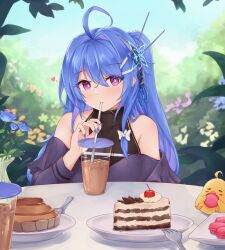 Rule 34 | 1girl, alternate costume, alternate hairstyle, azur lane, bare shoulders, black shirt, blue hair, blue nails, blush, bow, cake, casual, commentary, day, dress, drinking, drinking straw, english commentary, flower, food, gradient hair, hair bow, hair ornament, hairclip, headgear, heart, heart necklace, helena (azur lane), highres, jewelry, kyl490, long hair, looking at viewer, multicolored hair, nail polish, necklace, off-shoulder dress, off-shoulder shirt, off shoulder, outdoors, ponytail, purple dress, purple eyes, purple shirt, shirt, sleeveless, sleeveless shirt, smile, solo, upper body, valentine, very long hair, white bow