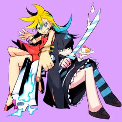 Rule 34 | 10s, 2girls, back lace, black hair, blonde hair, blue eyes, bow, cake, dress, earrings, eating, food, green eyes, grin, gun, hair bow, jewelry, long hair, lots of jewelry, multiple girls, official style, panty &amp; stocking with garterbelt, panty (psg), pantyhose, red dress, short dress, siblings, single thighhigh, sisters, sitting, smile, stocking (psg), striped clothes, striped legwear, striped pantyhose, stripes i &amp; ii, sword, thighhighs, umoo futon, weapon