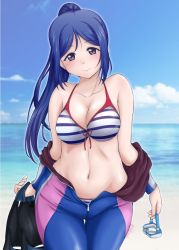 Rule 34 | 1girl, beach, bikini, blue bikini, blue hair, blue sky, blurry, blurry background, blush, bodysuit, bodysuit pull, bow, bow bikini, breasts, cleavage, closed mouth, cloud, cloudy sky, commentary request, cowboy shot, day, depth of field, diving suit, flippers, goggles, head tilt, holding, large breasts, long hair, looking at viewer, love live!, love live! sunshine!!, matsuura kanan, navel, ocean, open bodysuit, open clothes, outdoors, ponytail, purple eyes, sky, smile, solo, standing, striped bikini, striped clothes, swept bangs, swimsuit, thigh gap, twitter username, unzipped, wetsuit, yts takana