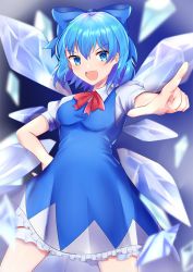 Rule 34 | 1girl, :d, bloomers, blue dress, blue hair, blue ribbon, blurry, blurry background, blurry foreground, breasts, cirno, commentary request, dress, hair between eyes, hair ribbon, hand on own hip, legs apart, looking at viewer, open mouth, outstretched arm, partial commentary, petticoat, pinafore dress, pointing, pointing at viewer, puffy short sleeves, puffy sleeves, red neckwear, red ribbon, ribbon, shirt, short sleeves, sleeveless dress, small breasts, smile, solo, tottoripiyo, touhou, underwear, white shirt, wings