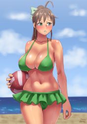 Rule 34 | 1girl, 2016, ahoge, artist name, ball, bare shoulders, beach, bikini, blush, bow, breasts, brown hair, bulge, cleavage, cloud, commentary request, dated, day, frilled bikini, frills, futanari, green bikini, green eyes, hair bow, hair ribbon, holding, holding ball, huge breasts, kamiya midori, long hair, navel, open mouth, original, outdoors, parted lips, ponytail, ribbon, sand, signature, solo, standing, swimsuit, volleyball (object), water, zheng