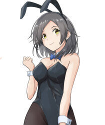 Rule 34 | 1girl, animal ears, bare shoulders, black hair, black leotard, black pantyhose, bow, bowtie, breasts, chuchu tako, cleavage, covered navel, detached collar, fake animal ears, hair ornament, hairclip, kantai collection, kuroshio (kancolle), leotard, looking at viewer, no, pantyhose, playboy bunny, rabbit ears, rabbit tail, ribbon, short hair, small breasts, smile, solo, strapless, strapless leotard, tail, traditional bowtie, wrist cuffs, yellow eyes