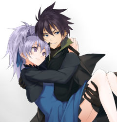 Rule 34 | 1boy, 1girl, arms around neck, black gloves, black hair, blue dress, carrying, darker than black, dress, gloves, hei (darker than black), kabocha, kabocha (monkey4), long hair, looking at another, manly, ponytail, princess carry, purple eyes, purple hair, short hair, simple background, white background, yin (darker than black)