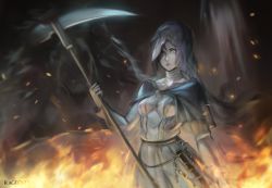 Rule 34 | 1girl, absurdres, ashes of ariandel, capelet, dark souls (series), dark souls iii, dress, fire, hair over one eye, highres, holding, holding scythe, holding weapon, long hair, looking at viewer, ragecndy, scythe, sister friede, veil, weapon