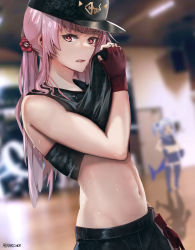 Rule 34 | 2girls, advarcher, arm at side, bare arms, baseball cap, black headwear, black shirt, blurry, blurry background, clothes lift, fingerless gloves, from side, gawr gura, gloves, hair ornament, hand up, hat, highres, hololive, hololive english, indoors, lifting own clothes, long hair, looking at viewer, mori calliope, mori calliope (streetwear), multiple girls, navel, parted lips, pink hair, red eyes, red gloves, shirt, shirt lift, sleeveless, sleeveless shirt, solo focus, stomach, sweat, upper body, virtual youtuber