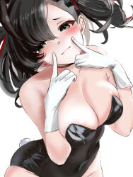 Rule 34 | 1girl, animal ears, atsugi111, bare shoulders, black hair, black leotard, breasts, breasts squeezed together, choker, cleavage, closed mouth, collarbone, covered navel, creatures (company), fake animal ears, fake tail, from above, game freak, gloves, green eyes, hands up, leotard, looking at viewer, marnie (pokemon), medium breasts, nintendo, playboy bunny, pointing, pointing at self, pokemon, pokemon swsh, rabbit ears, rabbit tail, simple background, smile, solo, tail, twintails, upper body, white background, white gloves