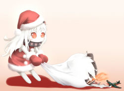 Rule 34 | 10s, 1girl, abyssal ship, aircraft, airplane, chibi, colored skin, dress, enemy aircraft (kancolle), evandragon, hat, highres, horns, kantai collection, long hair, mittens, northern ocean princess, red dress, red eyes, reppuu (kancolle), sack, santa hat, white hair, white skin