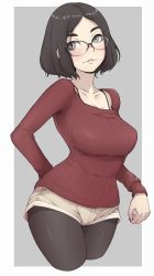 Rule 34 | 1girl, black pantyhose, blush, bra strap, breasts, brown eyes, brown hair, cargo shorts, collarbone, glasses, grey background, highres, ina (gokihoihoi), large breasts, long sleeves, looking at viewer, mole, mole under mouth, original, pantyhose, parted lips, red sweater, shorts, simple background, solo, sweater, thick eyebrows