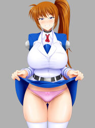 1girl blue_skirt blush breasts clothes_lift gluteal_fold grin highres long_hair long_sleeves lyrical_nanoha mahou_shoujo_lyrical_nanoha_strikers military military_uniform misumi_takasumi orange_hair panties pink_panties purple_eyes shiny_skin side_ponytail skirt skirt_lift smile smug solo standing takamachi_nanoha teeth thighhighs thighs tsab_air_military_uniform underwear uniform very_long_hair white_thighhighs