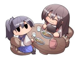 Rule 34 | 10s, 2girls, ^ ^, akagi (kancolle), bad id, bad pixiv id, brown hair, chopsticks, closed eyes, commentary request, eating, eyebrows, closed eyes, food, glass, grey hair, japanese clothes, kaga (kancolle), kakuzatou (koruneriusu), kantai collection, long hair, looking back, multiple girls, muneate, noodles, simple background, white background