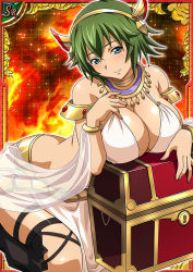 Rule 34 | 00s, 1girl, breasts, card (medium), dress, female focus, green hair, ikkitousen, kyocho chuukou, large breasts, looking at viewer, shiny skin, short hair, smile, solo