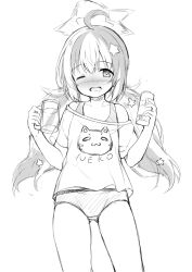 Rule 34 | 1girl, ahoge, animal print, blue archive, blush, can, cat print, clothes writing, collarbone, commentary request, cup, greyscale, hair ornament, halo, highres, holding, holding can, holding cup, long hair, looking at viewer, low twintails, monochrome, mug, multicolored hair, no pants, nose blush, off shoulder, one eye closed, open mouth, panties, print shirt, reisa (blue archive), romaji text, sakuraba hikaru (loveindog), shirt, short sleeves, simple background, sketch, solo, standing, star (symbol), star hair ornament, twintails, two-tone hair, underwear, very long hair, white background