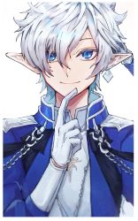Rule 34 | 1boy, absurdres, alphinaud leveilleur, blue eyes, blue jacket, closed mouth, commentary request, earrings, final fantasy, final fantasy xiv, gloves, grey hair, hair between eyes, highres, jacket, jewelry, looking at viewer, male focus, open clothes, open jacket, pointy ears, shirt, smile, solo, square enix, townoise, upper body, white background, white gloves, white shirt