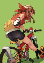 Rule 34 | 1girl, ass, bandana, bicycle, black legwear, blue eyes, breasts, brown hair, commentary request, creatures (company), fanny pack, fu-ta, game freak, gloves, green background, highres, holding, holding poke ball, long hair, looking at viewer, may (pokemon), nintendo, parted lips, poke ball, pokemon, pokemon rse, riding, riding bicycle, shoes, short sleeves, shorts, simple background, skin tight, smile, sneakers, socks, spandex