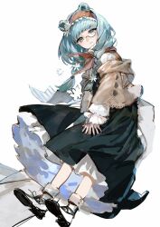 Rule 34 | 1girl, animal ears, ankle cuffs, aqua eyes, aqua hair, arknights, bear ears, black dress, black footwear, blunt bangs, braid, closed mouth, collar, cropped jacket, cuff links, dress, expressionless, flower, frilled collar, frilled sleeves, frills, full body, hair flower, hair ornament, hairband, high collar, highres, istina (arknights), istina (bibliosmia) (arknights), layered dress, long hair, long sleeves, looking at viewer, monocle, neckerchief, off shoulder, official alternate costume, pekopeco, red hairband, red neckerchief, shoes, simple background, solo, turning head, twin braids, v arms, white background, white flower