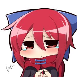 Rule 34 | 1girl, blush, bow, cape, chibi, commentary request, fingers together, hair bow, index fingers together, looking at viewer, red eyes, red hair, sekibanki, shirt, simple background, solo, tears, touhou, twumi, upper body