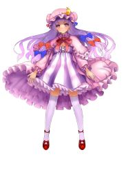 Rule 34 | 1girl, bad id, bad twitter id, breasts, capelet, cleavage, coat, crescent, dress, full body, hair ribbon, hat, highres, long hair, long sleeves, looking at viewer, mob cap, open clothes, open coat, over-kneehighs, patchouli knowledge, purple eyes, purple hair, ribbon, solo, striped clothes, striped dress, thighhighs, touhou, tress ribbon, tsukiriran, very long hair, white background, white thighhighs, zettai ryouiki