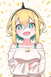 Rule 34 | 1girl, :d, amano pikamee, black hairband, blonde hair, blush, breasts, brown background, commentary, crossed arms, green eyes, green hair, hairband, highres, long sleeves, looking at viewer, medium breasts, multicolored hair, off-shoulder shirt, off shoulder, open mouth, sharp teeth, shirt, smile, solo, teeth, tosyeo, two-tone hair, upper body, virtual youtuber, voms, white shirt