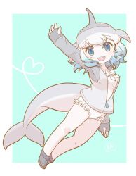 Rule 34 | 1girl, black footwear, blowhole, blue eyes, blue hair, blush, cetacean tail, common bottlenose dolphin (kemono friends), dolphin girl, dorsal fin, fins, fish tail, frilled one-piece swimsuit, frills, grey hair, grey sweater, hair between eyes, head fins, highres, kemono friends, kemono friends 3, long sleeves, mugise hitsuji, multicolored hair, one-piece swimsuit, open mouth, sidelocks, sleeves past wrists, smile, solo, sweater, swimsuit, tail, two-tone sweater, waving, white hair, white one-piece swimsuit