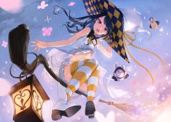 Rule 34 | 1girl, absurdres, animal, bare shoulders, black hair, blush, broom, broom riding, checkered clothes, checkered headwear, cloud, flower, flying, hat, highres, idolmaster, idolmaster shiny colors, kazano hiori, lantern, long hair, mole, mole under mouth, open mouth, outdoors, pink flower, purple eyes, rabbit, riding, round teeth, solo, sparkle, striped clothes, striped thighhighs, teeth, thighhighs, tongue, turtle, unchiganiowanai, upper teeth only, white hat, witch, witch hat