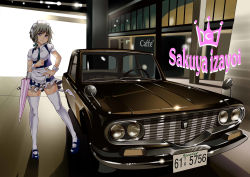 Rule 34 | 1girl, apron, blue eyes, blue footwear, car, character name, crown, ginjuuji, grey hair, hand on own hip, highres, izayoi sakuya, left-hand drive, license plate, maid, maid apron, maid headdress, motor vehicle, necktie, race queen, shoes, thighhighs, touhou, toyota, toyota crown, umbrella, vehicle, vehicle focus, white thighhighs, wrist cuffs, zettai ryouiki