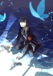 Rule 34 | 1boy, black hair, black jacket, black pants, black ribbon, blue eyes, bug, butterfly, gun, hair between eyes, holding, holding sword, holding weapon, insect, jacket, kneeling, looking up, male focus, neck ribbon, on one knee, open mouth, pants, persona, persona 3, ribbon, shadow, shirt, shrie, solo, sword, thanatos (persona), weapon, white shirt, yuuki makoto (persona 3)