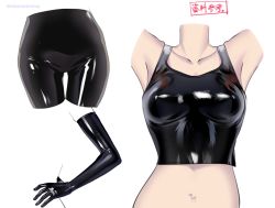 Rule 34 | 1girl, armpits, arms up, black tank top, breasts, collarbone, commentary, elbow gloves, gloves, hand on own hip, head out of frame, latex, latex gloves, latex legwear, lower body, medium breasts, midriff, multiple views, navel, original, shiny clothes, shuri (84k), simple background, skin tight, tank top, torso, translated, twitter username, white background