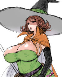 Rule 34 | 1girl, bad id, bad pixiv id, breasts, brown eyes, brown hair, cape, chunsoft, cleavage, dragon quest, dragon quest iii, earrings, enix, gloves, hat, huge breasts, jewelry, mage (dq3), poin (hidsuki), short hair, simple background, solo, white background, witch hat