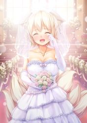 Rule 34 | 1girl, ^ ^, alternate costume, animal ears, bare shoulders, blonde hair, blush, bouquet, breasts, bridal veil, cleavage, closed eyes, collarbone, crying, dress, elbow gloves, closed eyes, facing viewer, female focus, flower, fox ears, fox tail, gloves, happy, happy tears, jewelry, large breasts, multiple tails, necklace, open mouth, oukatihiro, petals, short hair, smile, solo, tail, tears, touhou, veil, wedding dress, white gloves, yakumo ran