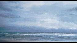 Rule 34 | absurdres, beach, blue theme, cloud, cloudy sky, commentary, day, gerar dc, highres, horizon, letterboxed, no humans, ocean, original, outdoors, overcast, scenery, shore, sky, symbol-only commentary, water, waves